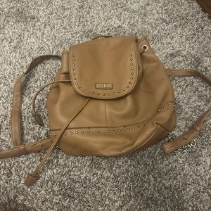 GUESS Cognac Pebble Leather Studded Drawstring Backpack